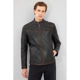 Leonard Erkek Kahverengi Vintage Slim-Fit Deri Ceket 25WGF6582VD - 3XL