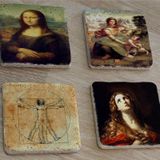 Leonardo Da Vinci Monalisa ve Eserleri Doğal Taş Bardak Altlığı 4'lü set - Natural Stone Coasters