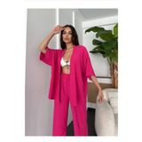 LEONE KOLEKSİYON Kadın Rahat Kalıp Kimono Takım Geniş Paça Yazlık Takım Bürümcük kumaş