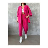 LEONE KOLEKSİYON Kadın Rahat Kesim Fuşya Alt Uzun Üst Yazlık Takım Gofre kumaş Kimono