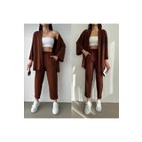 LEONE KOLEKSİYON Kadın Rahat Kesim Kahverengi Alt Uzun Üst Yazlık Takım Gofre kumaş Kimono