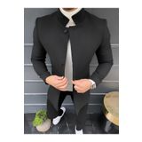 leonmen Erkek Siyah Dik Yaka Slim Fit Kaşe Kaban