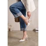 leopar by çetinay Lusin Beyaz Kadın Sivri Burun 7 cm Topuklu Çiçek Dantel Desenli Rugan Slingback Ayakkabı