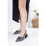 leopar by çetinay Siyah-Beyaz Nakışlı Toka Detaylı Keten Topuklu Kadın Ayakkabı / Stiletto