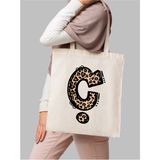 Leopar Ç Harfi Desenli, Y2 Pinterest Retro Bez Çanta Tote Bag, Hediye Çanta - 10D-Krem