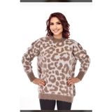 Leopar Desen Bisiklet Yaka Kazak, Yumoş Sakallı Triko Tesettür Kazak - Standart - Ekru - Kahverengi