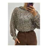 Leopar Desen Pullu Kumaş Kapüşonlu Uzun Kol Sweat Bluz-L - Leopar Leopar L