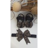 Leopar Desenli Bebek Patik Ve Bandana Seti Siyah