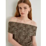 Leopar Desenli Bluz Kısa Kollu Kayık Yaka Drapeli Slim Fit