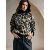 Leopar Desenli Boğazlı Bol Kesim Kazak - Bej - Karışık