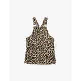Leopar Desenli Cepli Kare Yaka Askılı Denim Jile Elbise