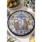 Leopar Desenli Dekoratif Sunum Tepsisi – Sicilya Temalı Limon Desenli, 34 cm, Siyah Kenarlı, 3 Altın Kuş Detaylı Tepsi