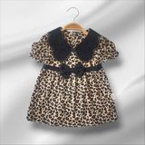 Leopar Desenli Kız Bebek Elbise Siyah Yakalı Fiyonk Detaylı Şık Günlük Elbise - 0 - 6 Ay - Leopar - Siyah