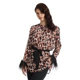 Leopar Desenli Kuş Tüyü Detaylı Saten Bluz – Şık ve Modern Tasarım, KAHVE, 44