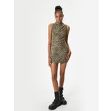 Leopar Desenli Mini Elbise Drapeli Kolsuz Dik Yaka Slim Fit