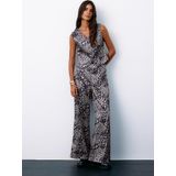 Leopar Desenli Saten Pantolon - Gri