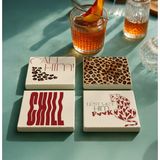 Leopar Desenli ve Motivasyon Doğal Taş Bardak Altlığı 4’lü Set, Şık Masa Sunum Ürünü - 10 x 10 cm
