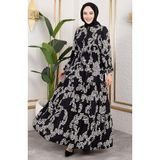 Leopar Desenli Viskon Elbise 7135-04 Siyah - 38