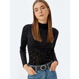 Leopar Desenli Yarı Transparan Kadife Body Dik Yaka Uzun Kollu Slim Fit