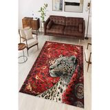 Leopar Figürlü Kırmızı Etnik Dijital Baskılı Yıkanabilir Kaymaz Taban Salon Oturma Odası Halısı 100 X 200 Cm Gri