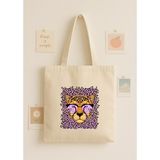Leopar Gözlüklü Baskılı Bez Çanta – Mor Leopar Desenli Modern Tote Bag - 35x40cm - Çok Renkli - Naturel