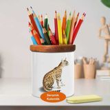 Leopar Kedi Ahşap Seramik Kalemlik - 53876-43244 - Beyaz