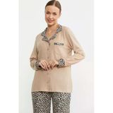 Leopar Kombinli Gömlek Pijama Takım - Bej