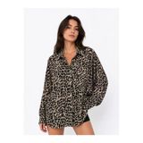 Leopar Oversıze Kadın Gömlek, Tencel Tensel Kumaş, Rahat Kesim Tek Cepli Basic Gömlek - Standart