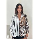 Leopar Taş Baskılı Yarısı Çizgili Gömlek - Desenli