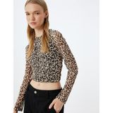 Leopar Tül Bluz Crop Uzun Kollu Bisiklet Yaka Büzgülü