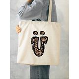 Leopar Ü Harfi Desenli, Y2 Pinterest Retro Bez Çanta Tote Bag, Hediye Çanta - 10D-Krem