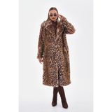 Leopar Uzun Ceket Yaka Kaban - Kahverengi - L - XL