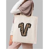 Leopar V Harfi Desenli, Y2 Pinterest Retro Bez Çanta Tote Bag, Hediye Çanta - 10D-Krem