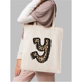 Leopar Y Harfi Desenli, Y2 Pinterest Retro Bez Çanta Tote Bag, Hediye Çanta - 10D-Krem