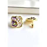 Leostone Vintage Kare Burgu Kenarlı Mor Çiçek Motifli 3d Tablo Tasarım Kadın Çelik Küpe
