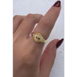 Leo'Stone Vintage Tasarım Zirkon Taşlı Oval Göz Motifli Ayarlanabilir Çelik Kadın Serçe Parmak Yüzük