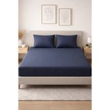 Leruum London Geniş Tek Kişilik Lacivert Çarşaf Takımı %100 Pamuklu Lastikli Çarşaf 120x200 + 1 Adet Yastık Kılıfı (50X70) - 120 x 200 cm