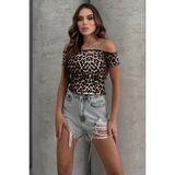 Lesa Wear Leopar Desenli Soft Touch Kayıkçı Yaka Basic Crop Bluz - M