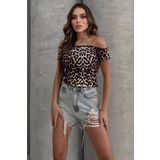 Lesa Wear Leopar Desenli Soft Touch Kayıkçı Yaka Basic Crop Bluz