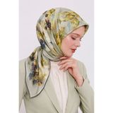 Lesscarves Pamuk İpek Eşarp Batik Desenli LS2202 05-Çay Yeşili-Sarı-Antrasit
