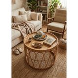 Lessio Home Malibu El Işçiliği Gerçek Rattan (Bambu) Yuvarlak Orta & Yan Sehpa - Bohem Iskandinav Tasarım - 71x45 cm