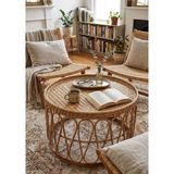 Lessio Home Malibu El Işçiliği Gerçek Rattan (Bambu) Yuvarlak Orta & Yan Sehpa - Bohem Iskandinav Tasarım - 83x45 cm
