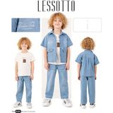 Lessotto Kot Gömlek, Tshirt, Beli Lastikli Kot Pantolon 3lü Takım - 8 Yaş - Kot Mavi