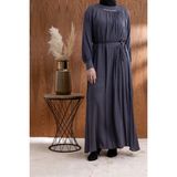 Letafet Yakası Büzgü ve Taş Detaylı Elbise - Gri - 46
