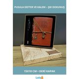 Letsii Kahverengi Pusula Tasarım Deri Defter Siyah Kalem - Çok Renkli - Defter & Ajanda