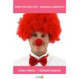 Letsii Kırmızı Renk Kıvırcık Afro Palyaço Peruk ve Burun Seti