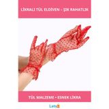 Letsii Kısa Boy Likralı Güpürlü Yetişkin Tül Eldiven
