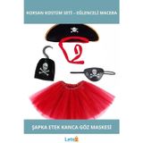 Letsii Kız Çocuk Korsan Kostümü Parlak Kırmızı Etek, Şapka, Kanca ve Göz Maskesi ile Eğlenceli Set