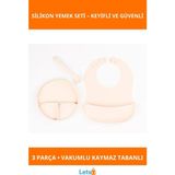 Letsii Krem Rengi 3'lü Silikon Bebek Yemek Seti Vakumlu Tabak, Diş Kaşıyıcılı Kaşık, Ayarlanabilir Mama Önlüğü - Çok Renkli