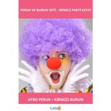 Letsii Mor Renk Kıvırcık Afro Bonus Peruk ve Kırmızı Burun